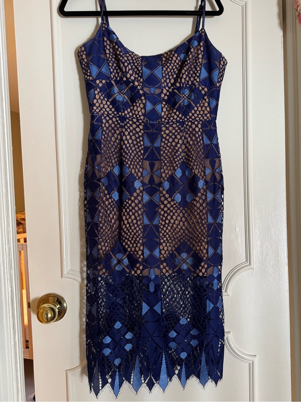 BCBGMaxAzria Navy and Nude Lace Midi Slip Dress